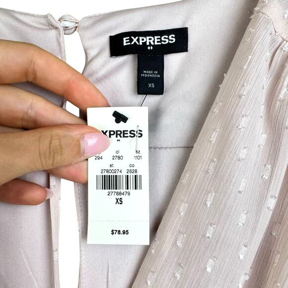 Express NWT Blush Pink Swiss Dot Puff Sleeve Asymmetrical Ruffle Mini Dress - Picture 11 of 12